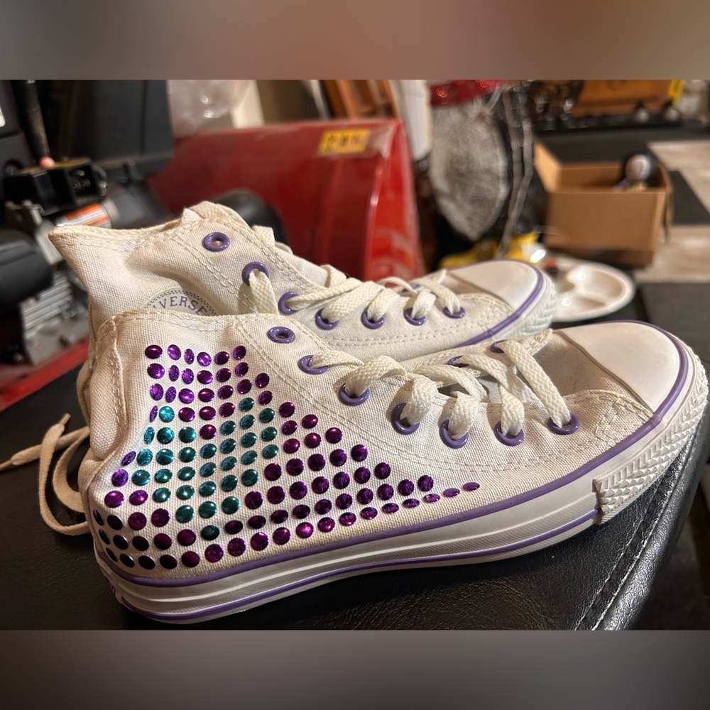 Converse White High-Top Sneakers with Purple and Teal Crystal Accents